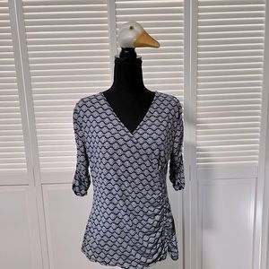 Style & Co navy and white patterned blouse